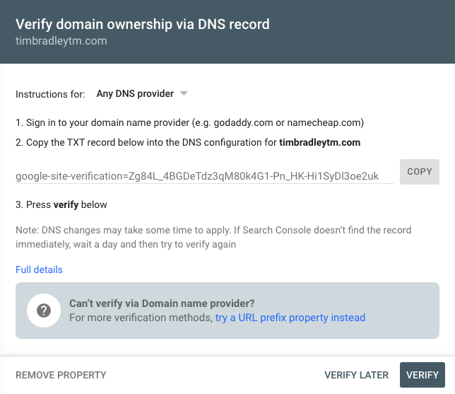 Verify domain ownership via DNS record
